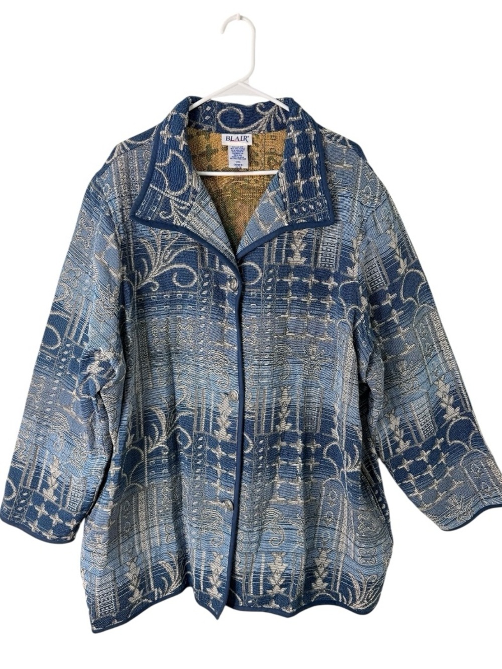 Blair Tapestry Jacket Coat 3XL Blue Metallic Artsy Button Front Oversized Boho - Picture 2 of 8